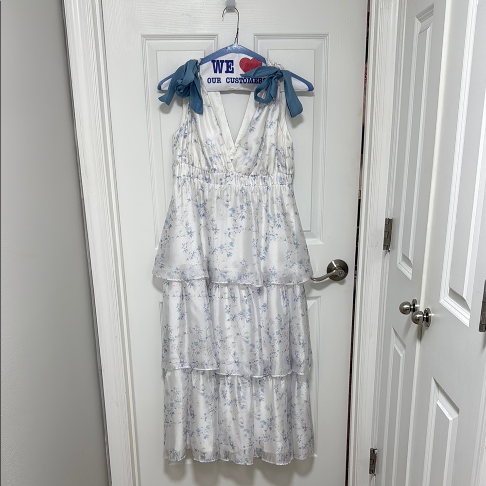 White and Blue Floral Midi Dress